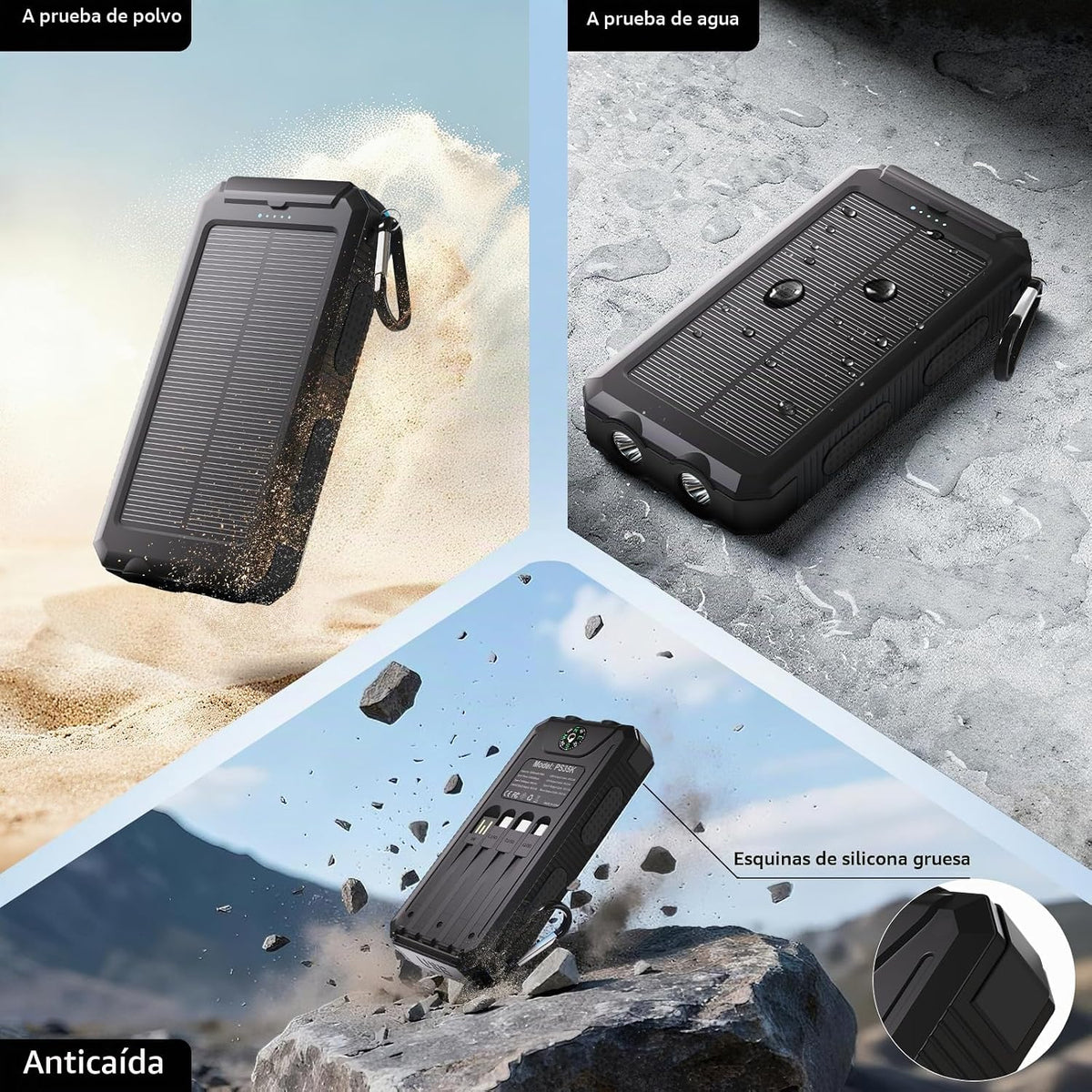 Cargador solar de 20,000 mAh, cargador portátil, 4 cables, 3 puerto...