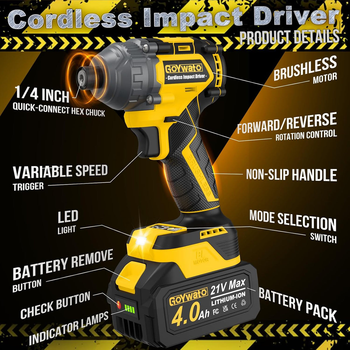 GoYwato Controlador de impacto inalámbrico 2655 lb-in (300 N·m) - 2...