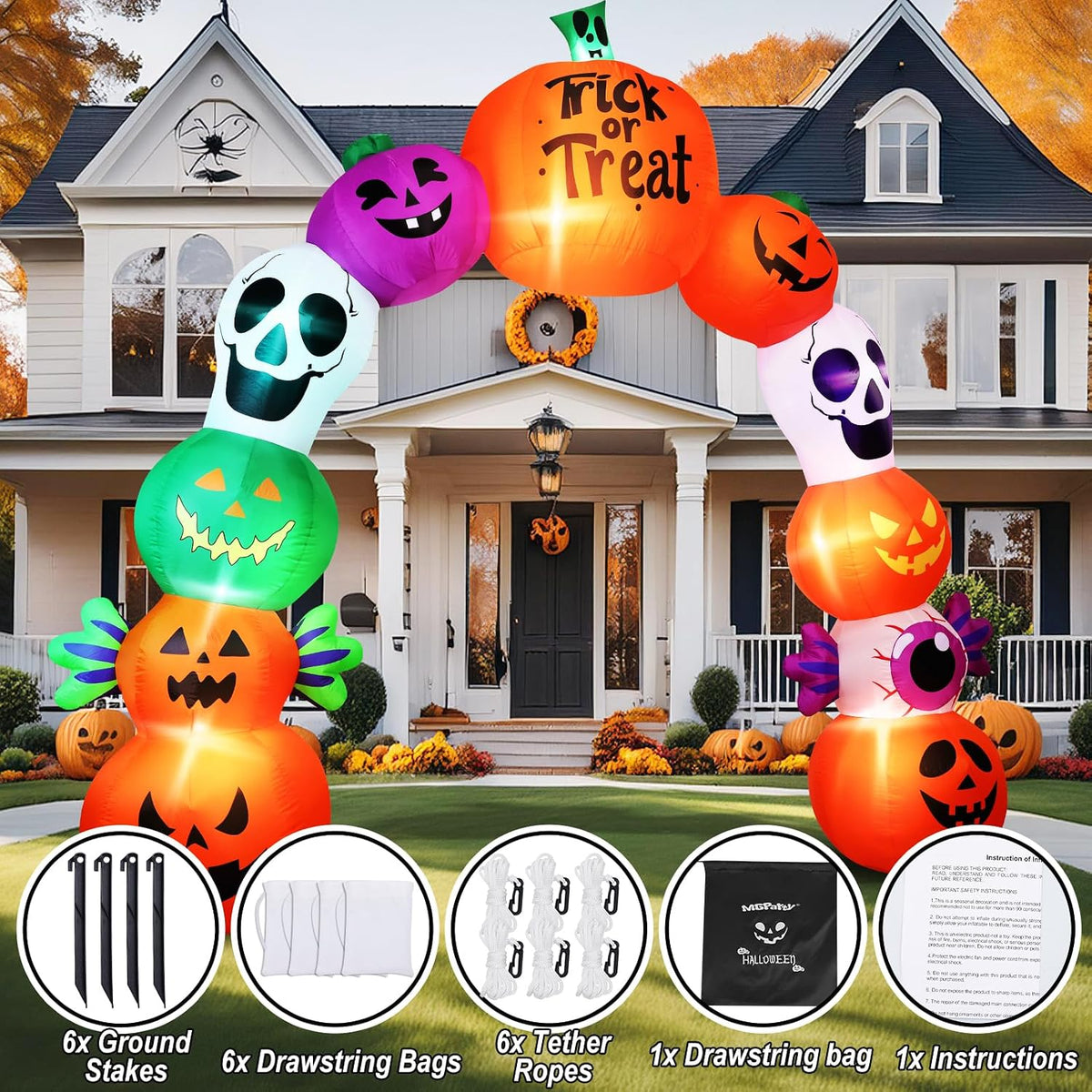 Arco inflable de Halloween de 10 pies, esqueleto de calabaza, decor...