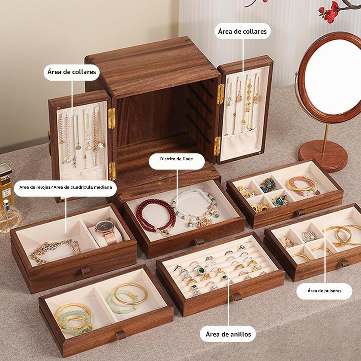 KAOTGOT Joyero de madera para mujeres y niñas, organizador grande d...