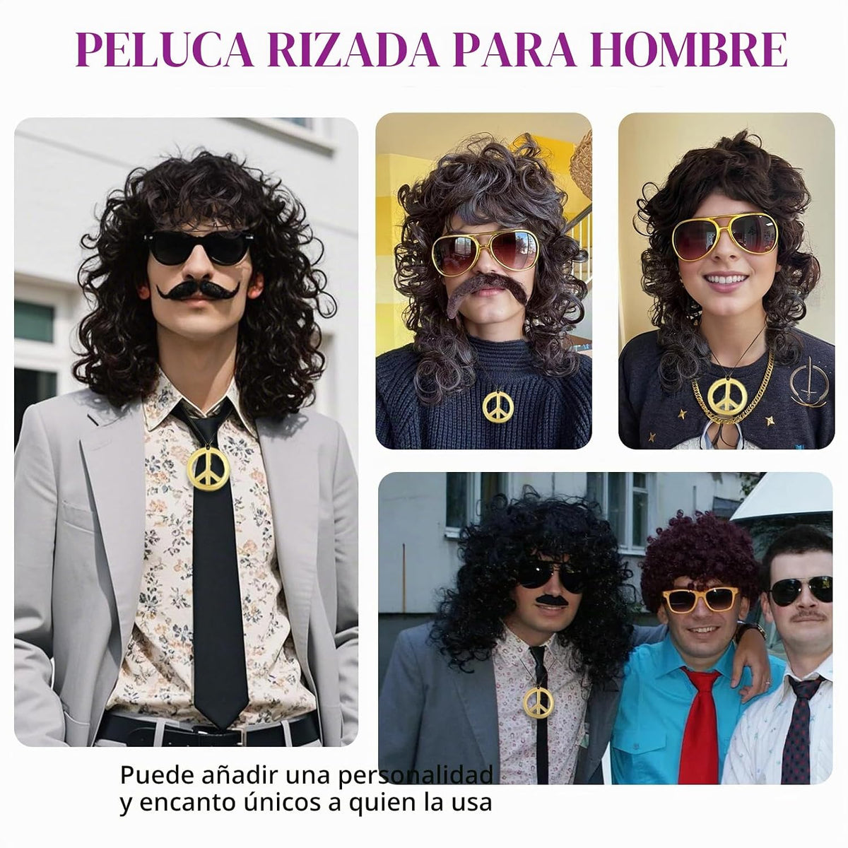 Guree Hair Peluca rizada para hombre + lentes + cadena dorada + col...