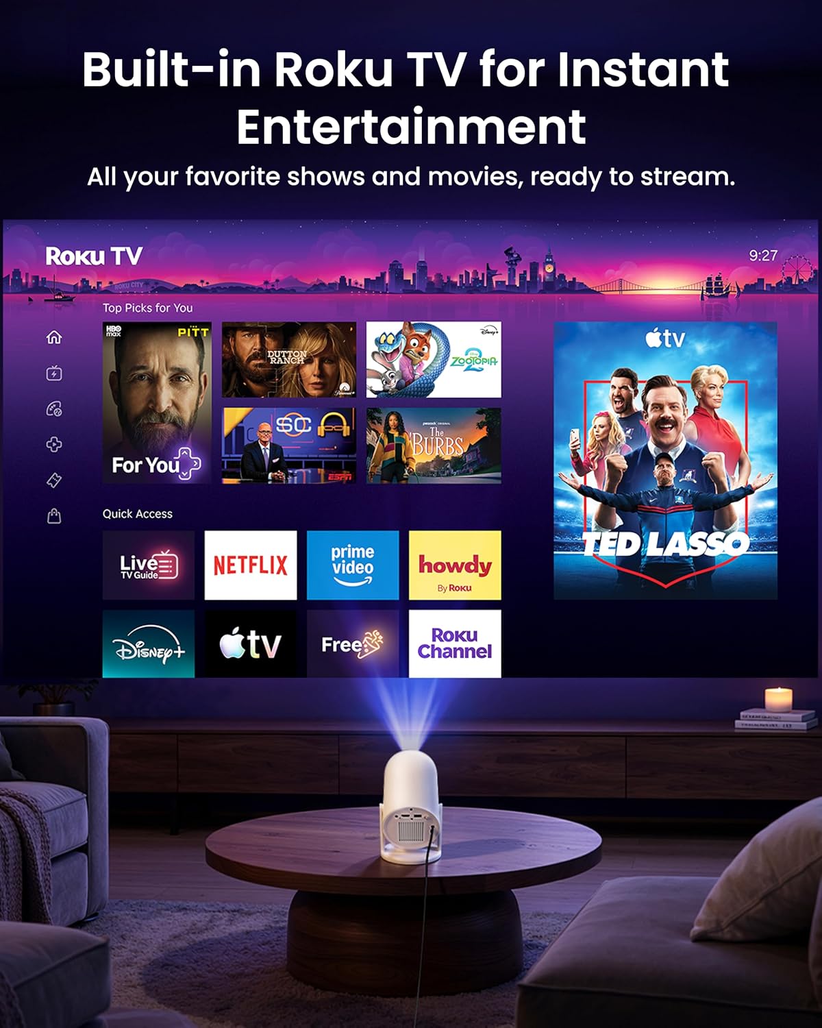 Boldever Roku TV 1080P FHD Mini proyector inteligente con Wi-Fi y B...