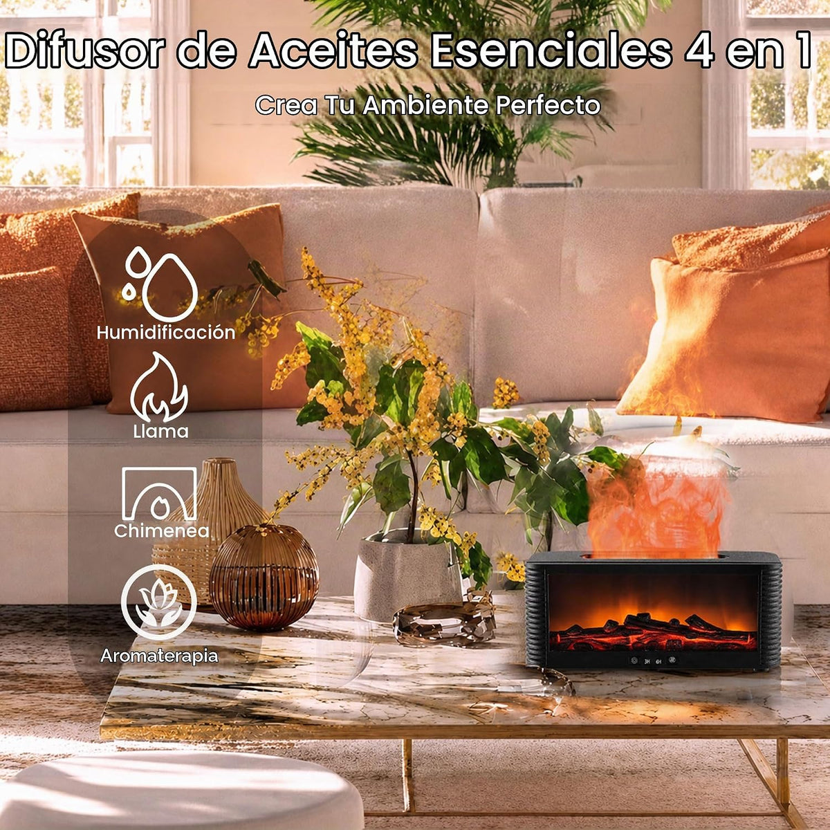 Difusor de aceite esencial para chimenea, 9 colores de llama, humid...