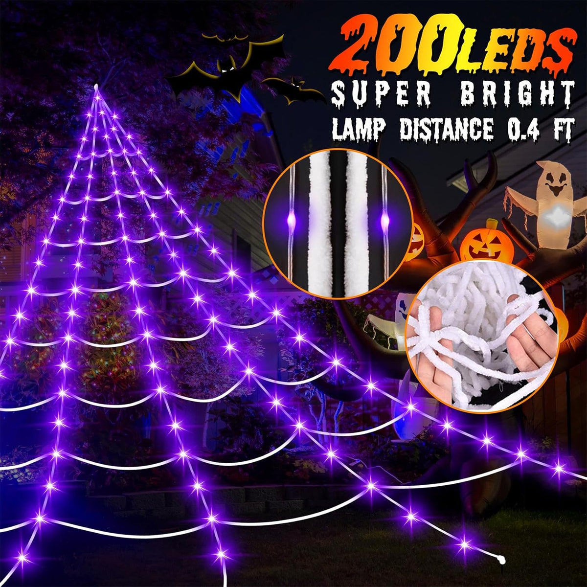 Decoraciones de Halloween al aire libre, 200 luces LED de telaraña...