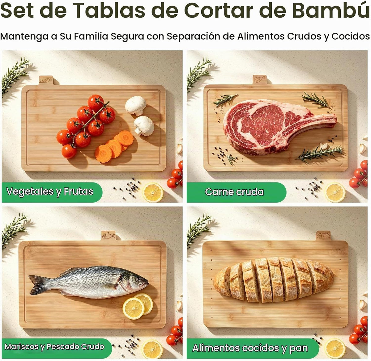 Juego de tablas de cortar de bambú etiquetadas con estante de almac...