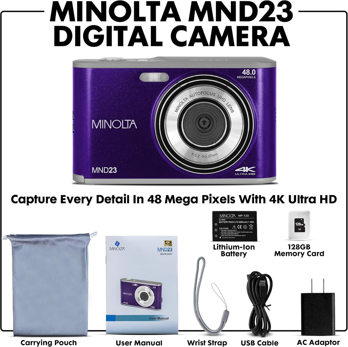 Minolta Cámara MND23 de 48MP, lente trasera para selfie, video 4K,...