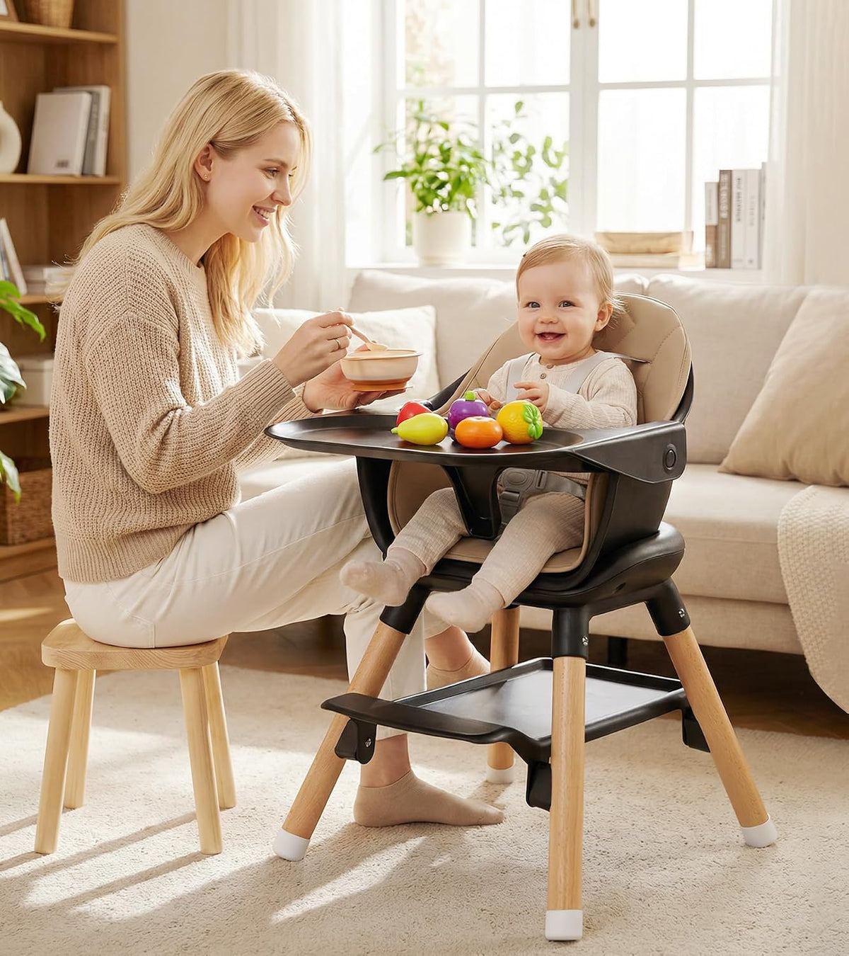 Silla alta para bebé 6 en 1, sillas altas convertibles de madera, c...
