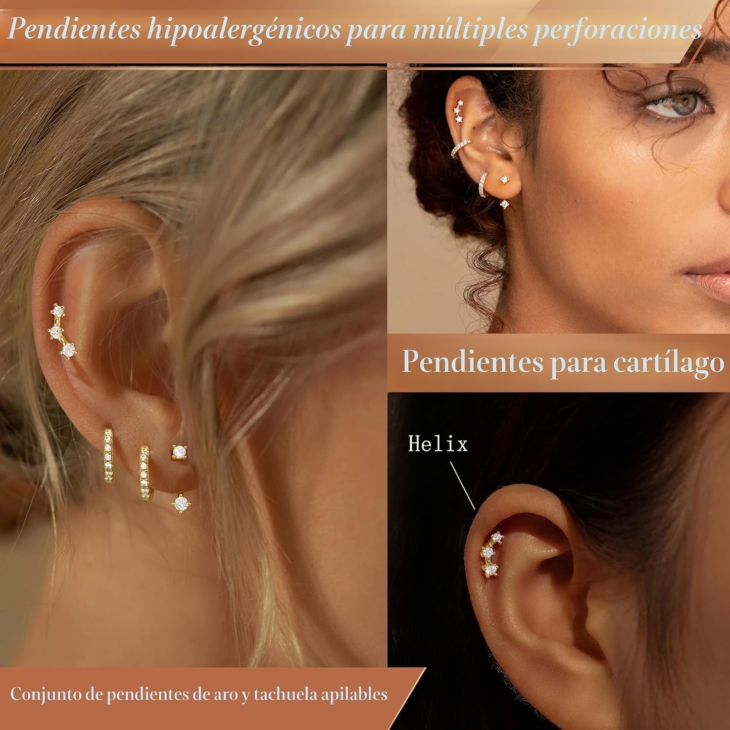 Aretes pequeños de moda en pila para mujer, juego de 3 pares de are...