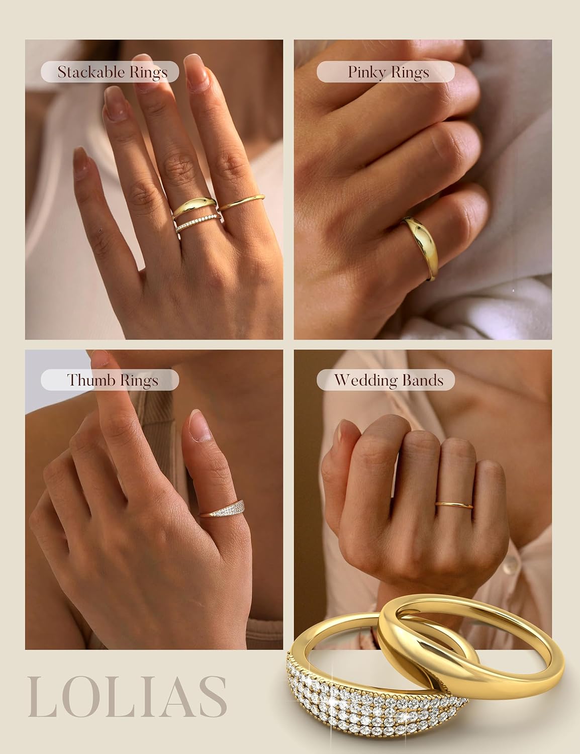 LOLIAS Anillos apilables chapados en oro de 14 quilates para mujer...