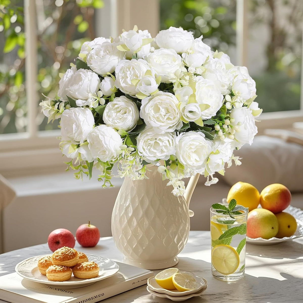 12 ramos de peonías artificiales de flores blancas, peonías falsas...