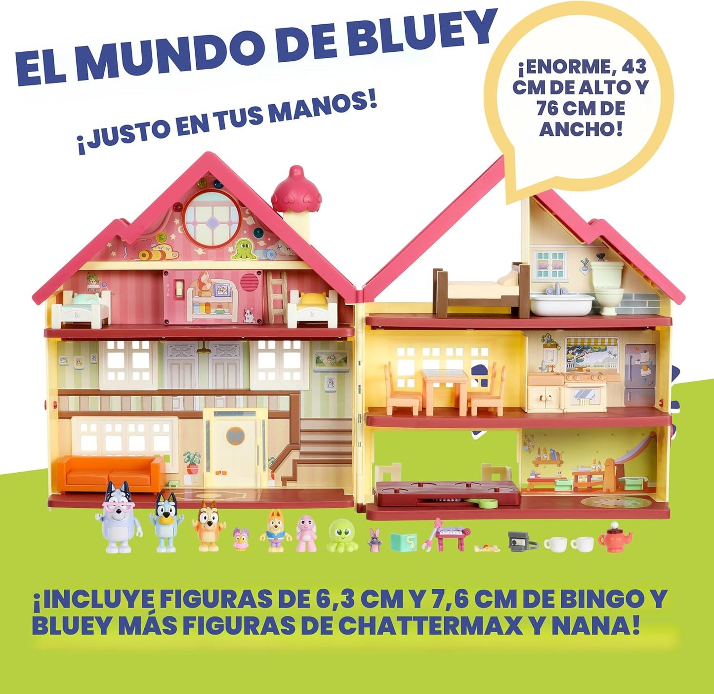 Bluey XL House Playset, luces interactivas, sonidos y pista de bail...