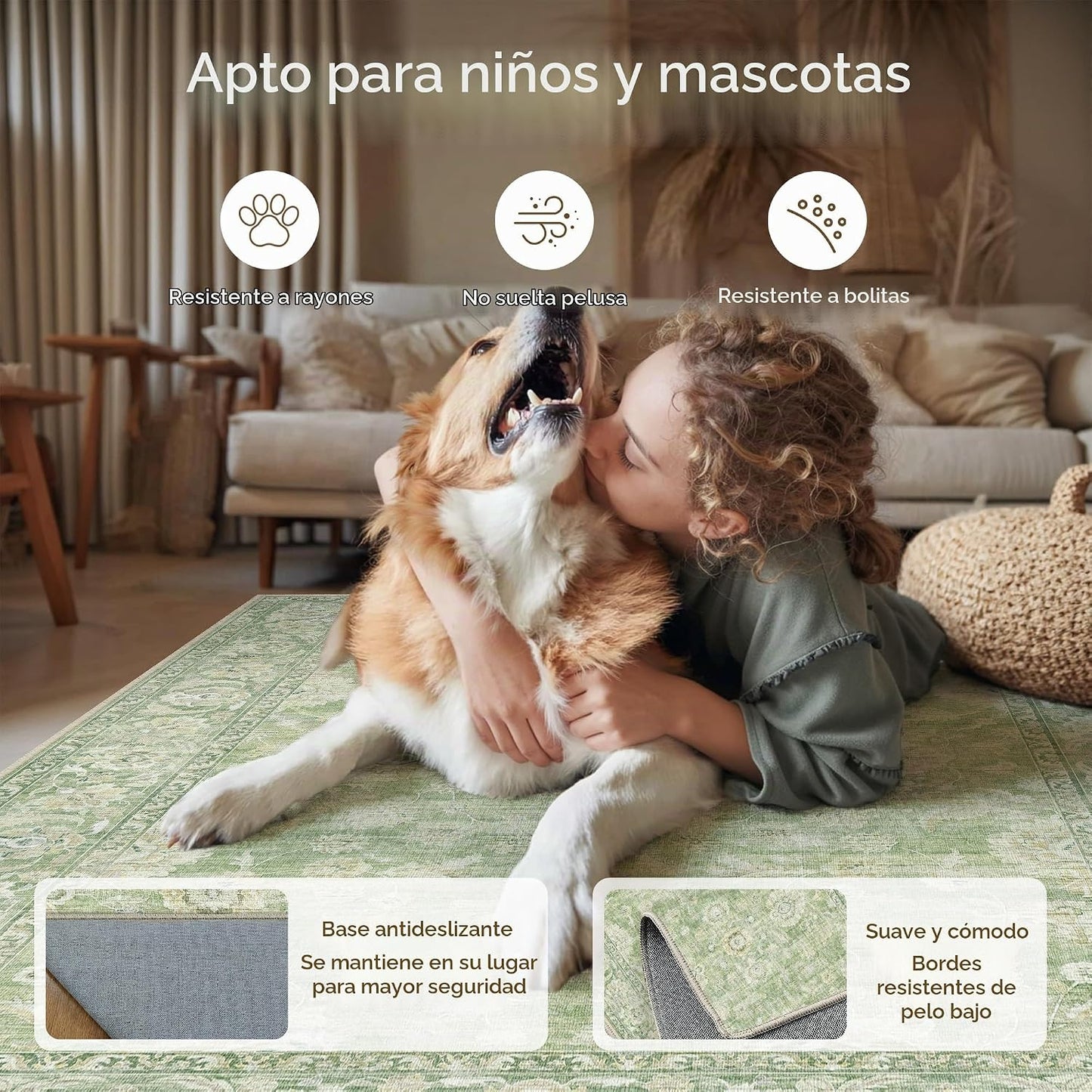 WondRg Alfombra verde lavable de 8 x 10 pies para sala de estar, do...