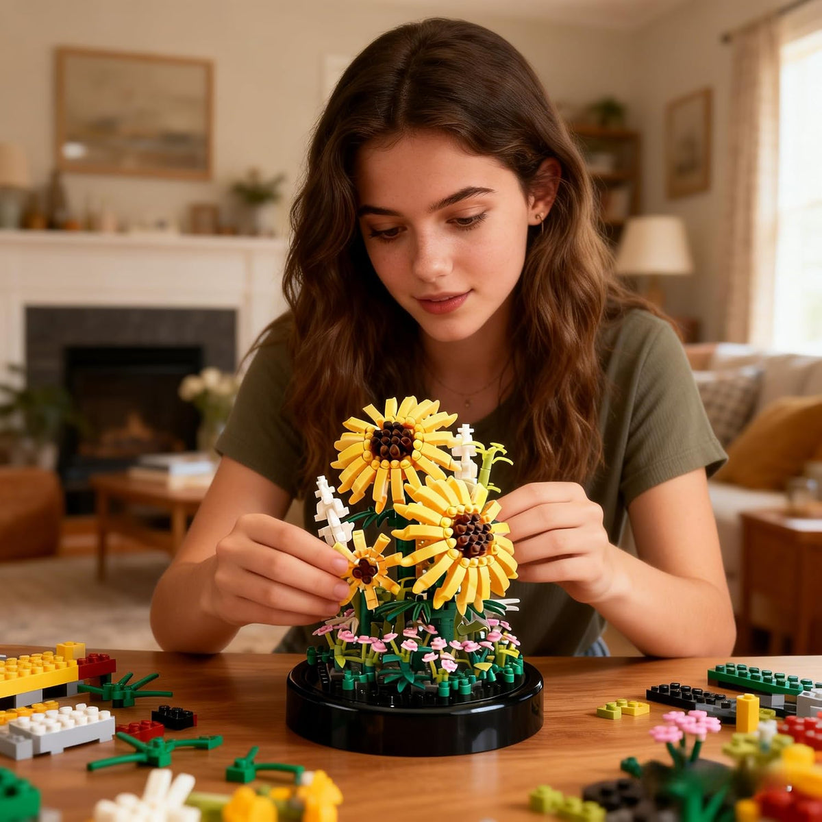 Juego de construcción de girasol, 545 piezas de mini bloques de ram...