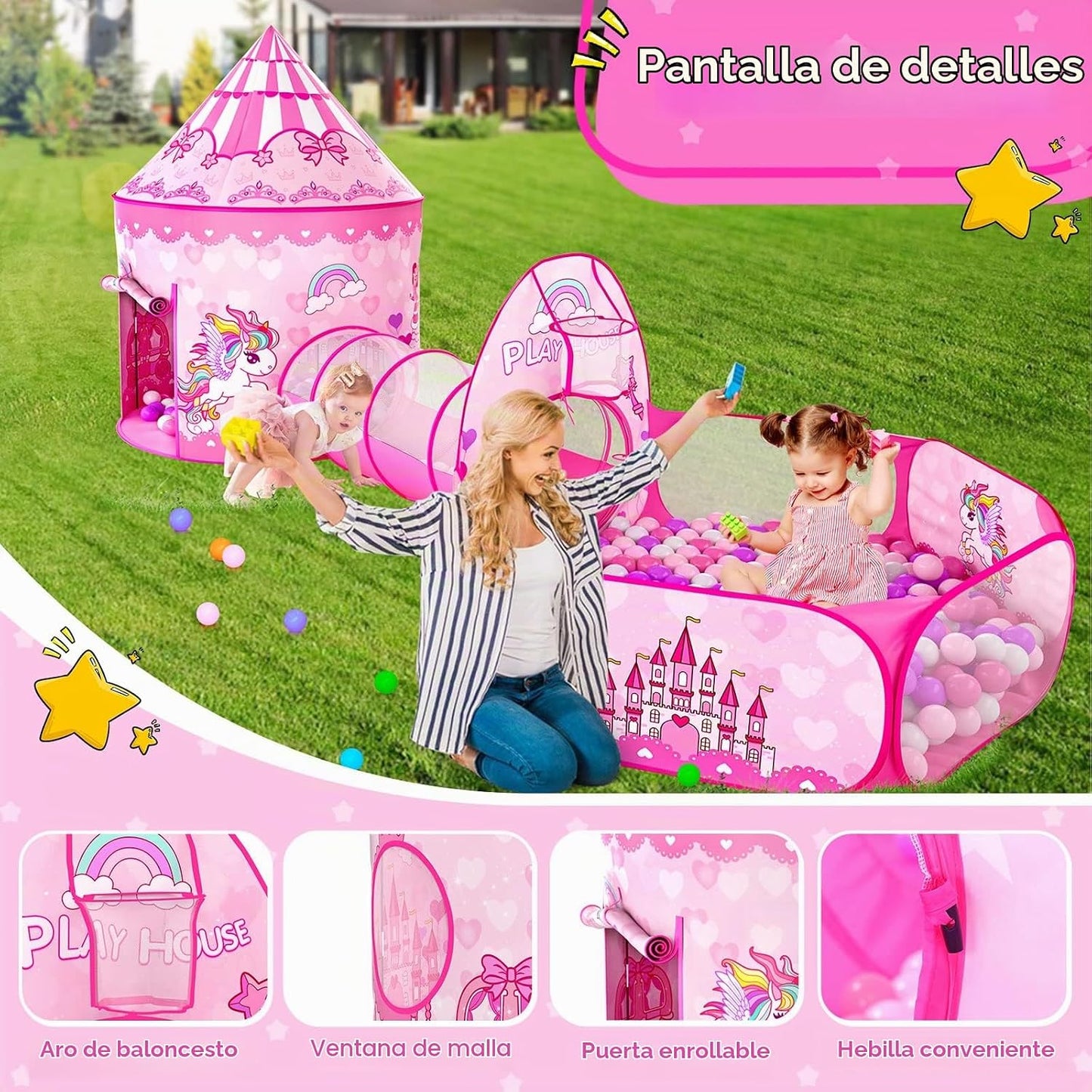 Tienda de campaña de 3 piezas para niñas con hoyo de bolas, túnel d...