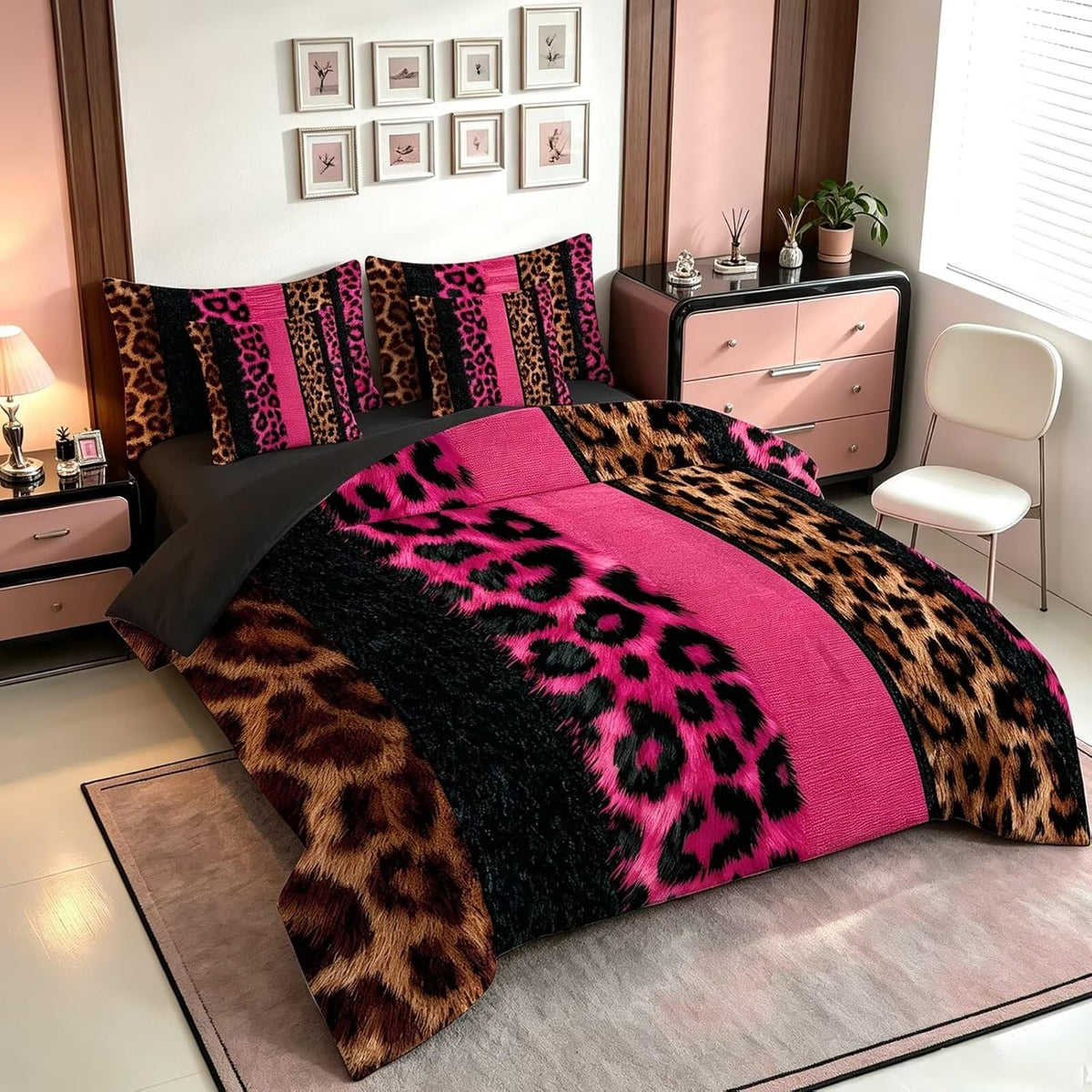 FUYEUN Juego de edredón con estampado de leopardo rosa fuerte tamañ...