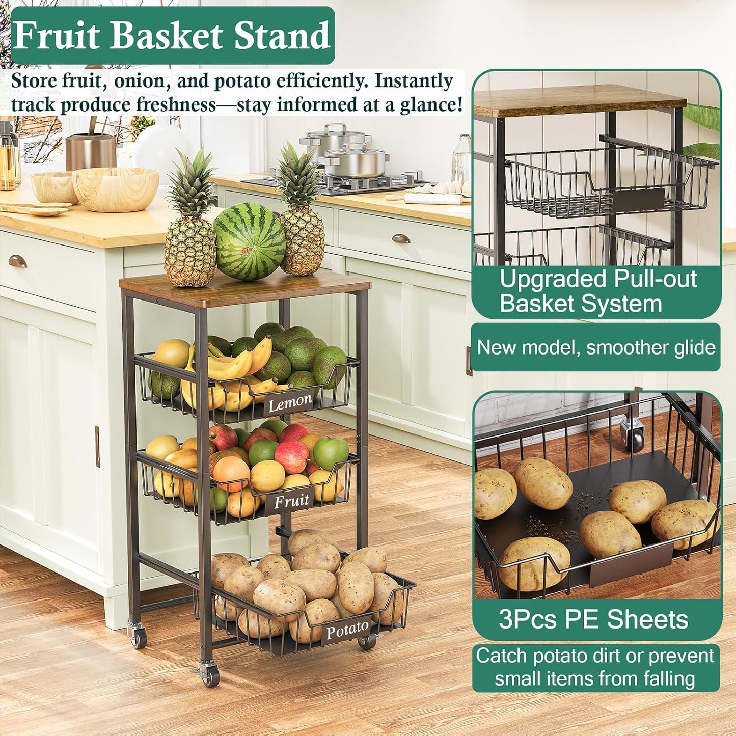 OKZEST - Carrito de almacenamiento de cocina de 4 niveles con 3 caj...