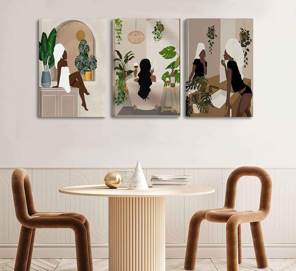 WSTUKVV 3 piezas de arte de pared de baño de niña negra, estilo boh...