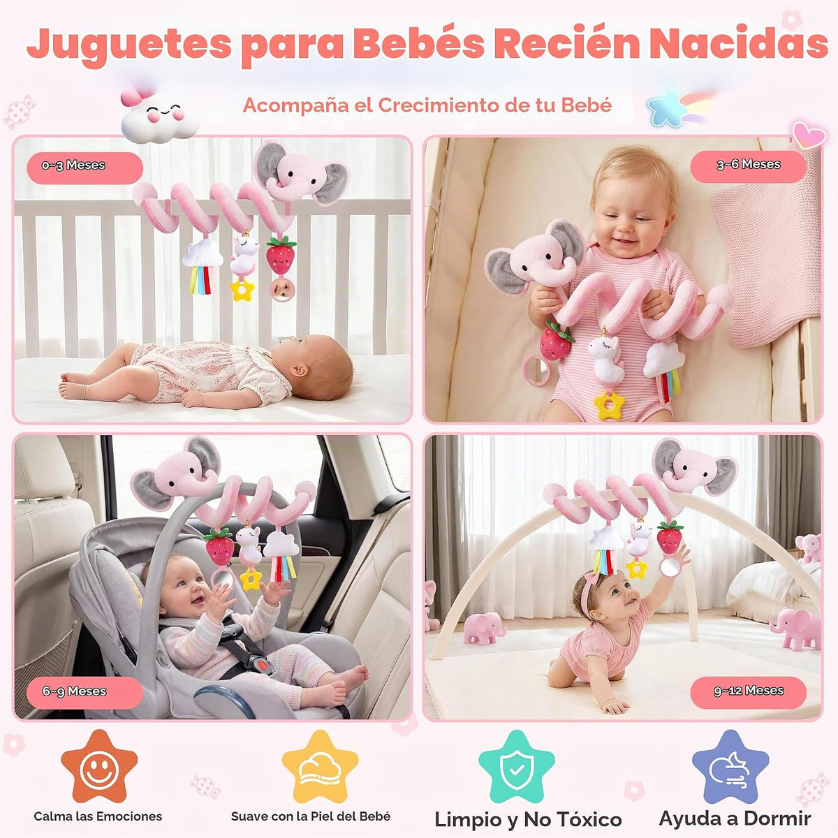 Juguetes de asiento de coche en espiral para bebés niñas de 0 a 6 m...
