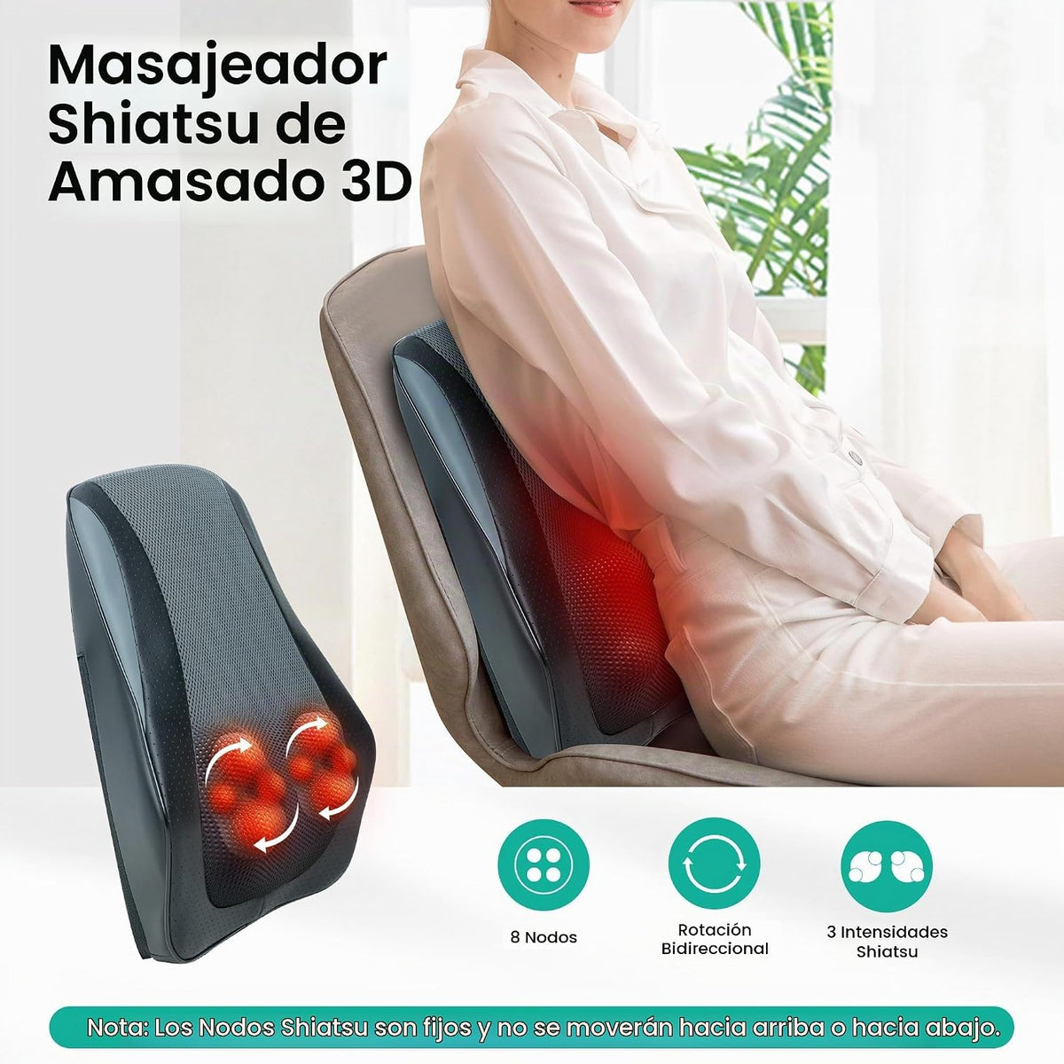 Snailax Masajeador de cuello y espalda con calor, almohada de masaj...