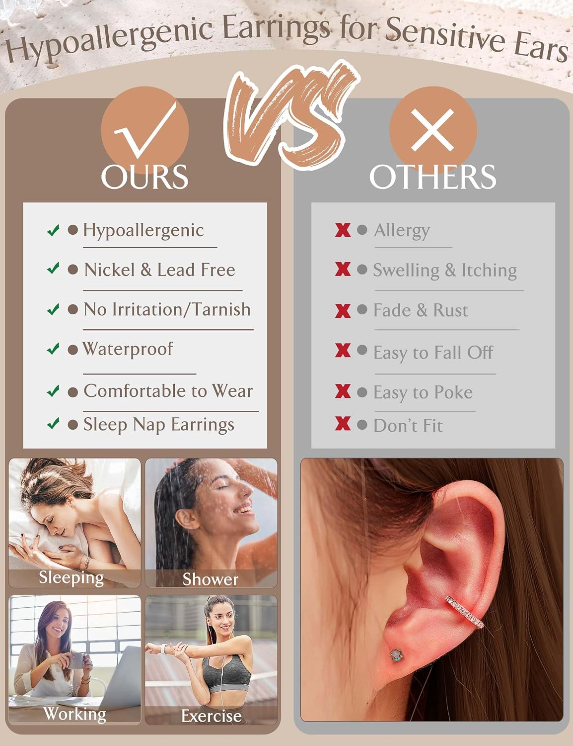 Jstyle Aretes de tuerca con aro hipoalergénicos para mujer, pequeño...
