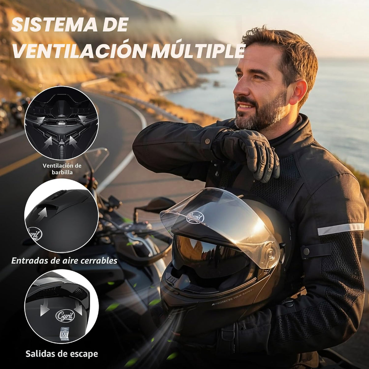 CYRIL Casco modular de motocicleta aprobado por DOT, cara completa...