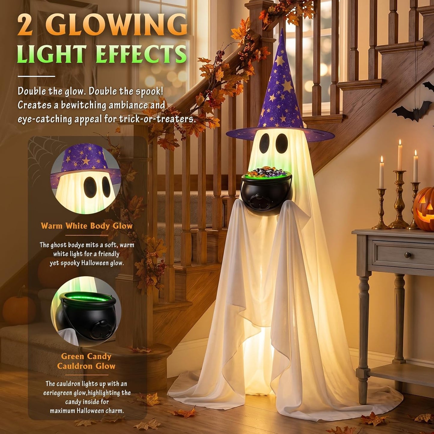 Decoración de fantasmas de dulces de Halloween con caldero iluminad...