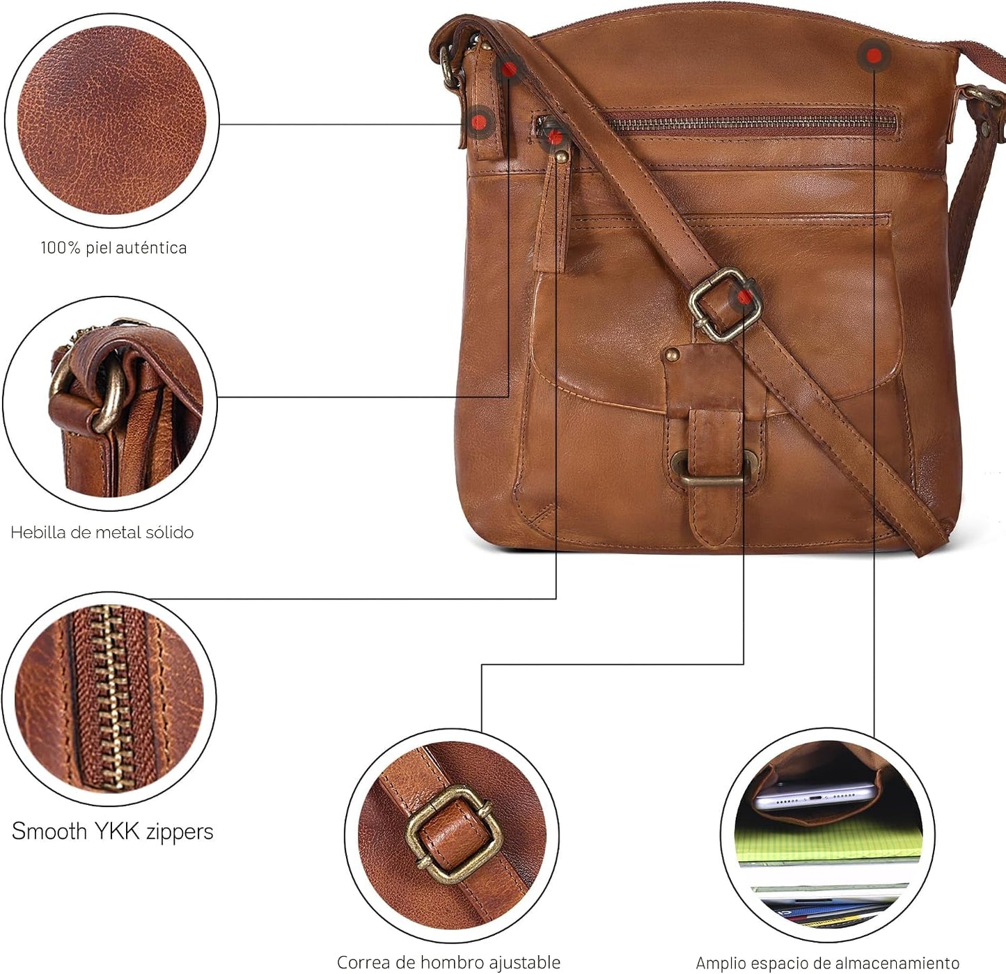 Bolso cruzado de cuero de Oak Leathers para mujer con correa de hom...