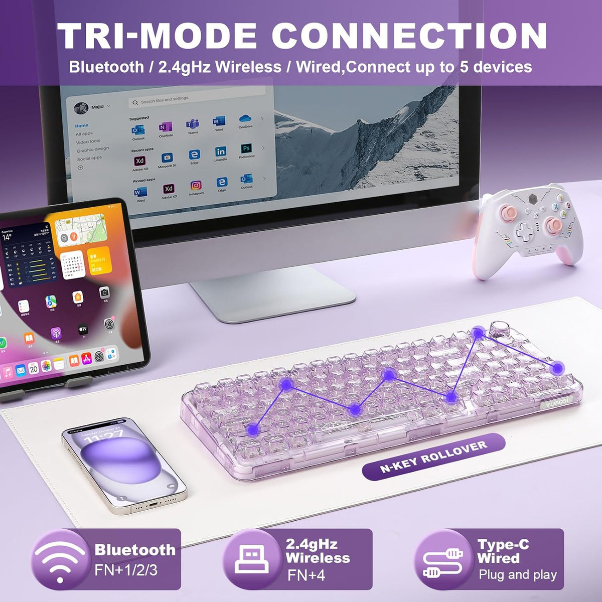YUNZII X98 QMK\/VIA Teclado Mecánico Inalámbrico para Juegos con Pe...