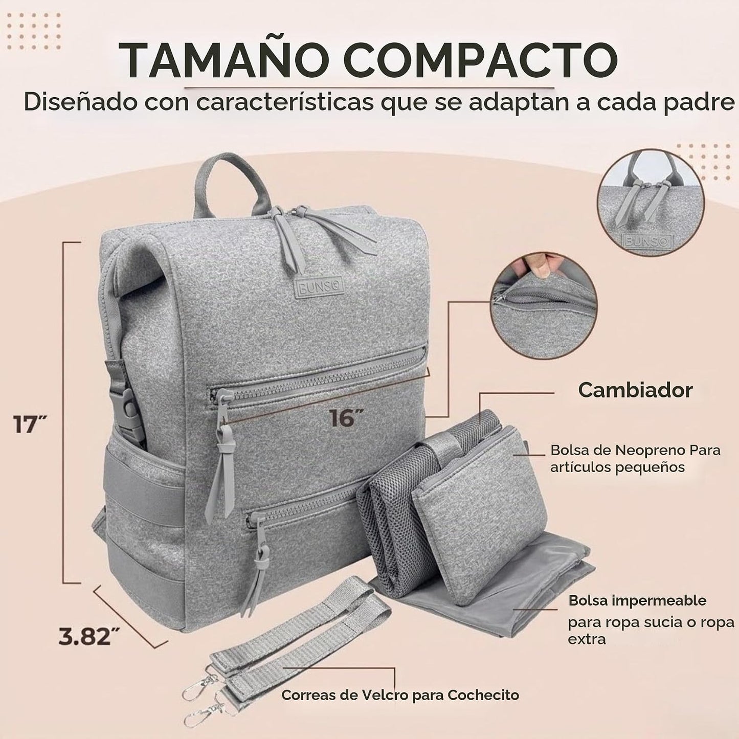 Mochila de pañales de neopreno BUNSO Baby, resistente al agua, moch...