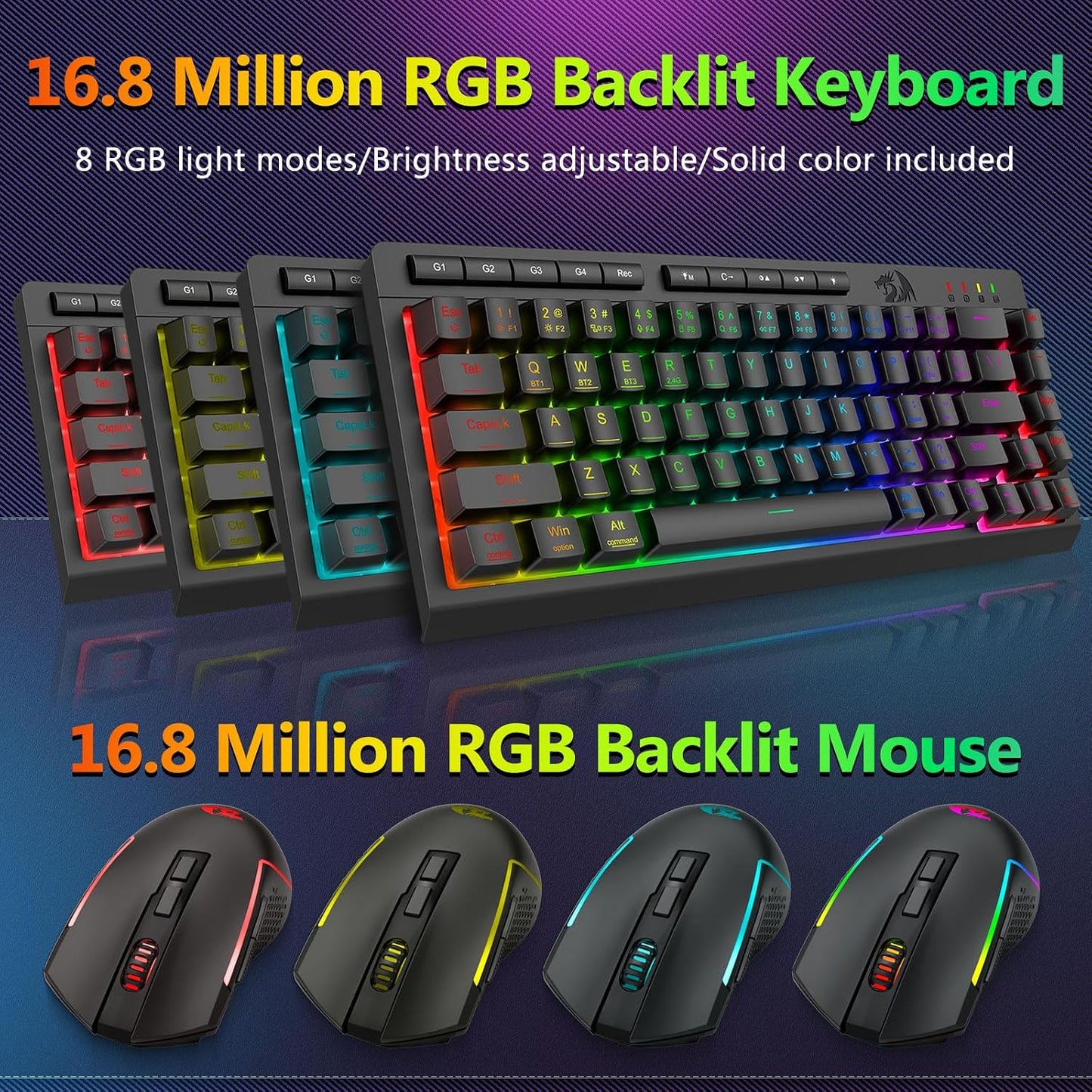 Redragon Combo de teclado y mouse inalámbricos para juegos, Bluetoo...