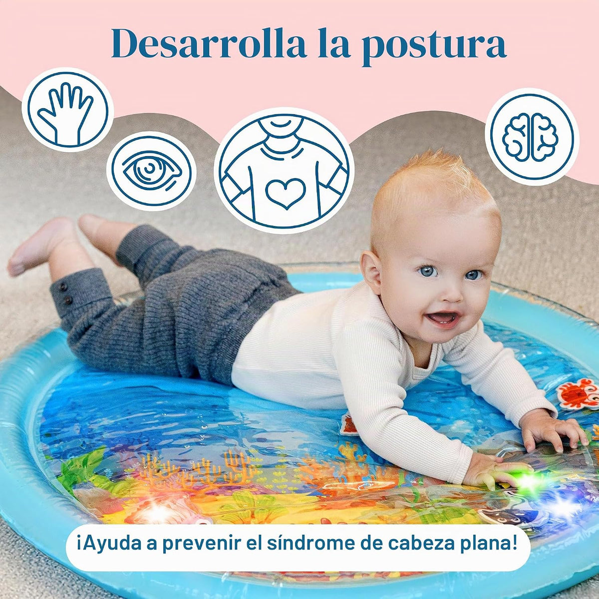 SplashEZ Alfombra de agua para tiempo boca abajo con luces para beb...