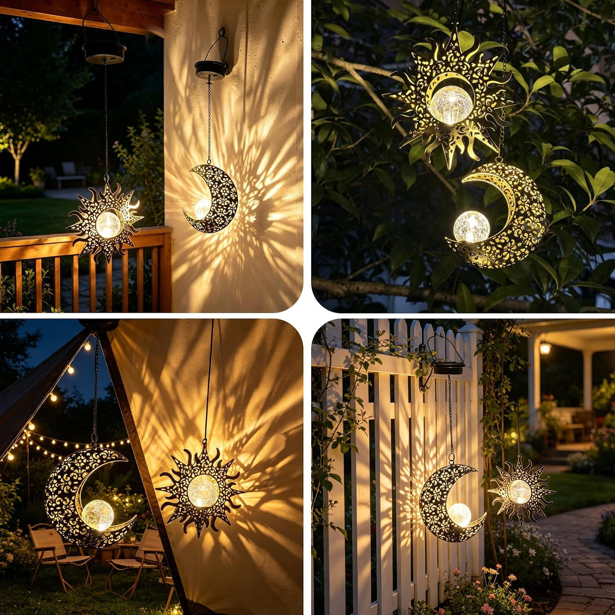 QCF Juego de luces solares colgantes de sol y luna para exteriores,...