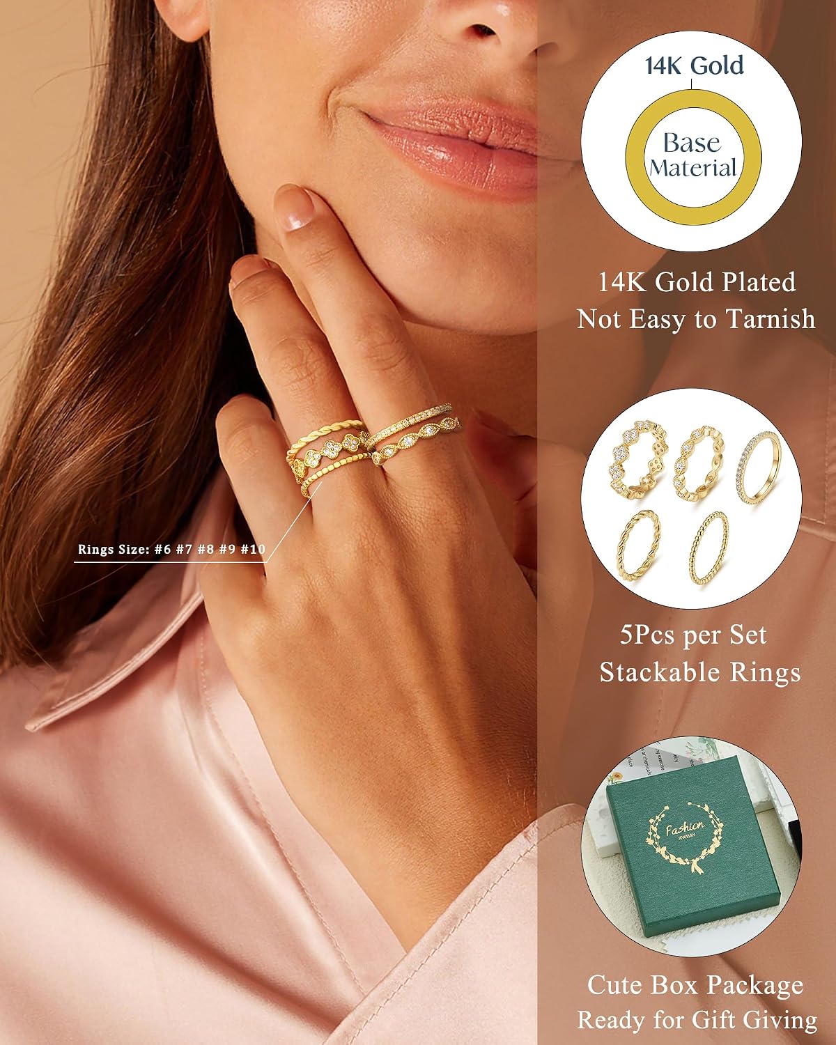 Anillos apilables de oro para mujer, no se deslustra, chapados en o...