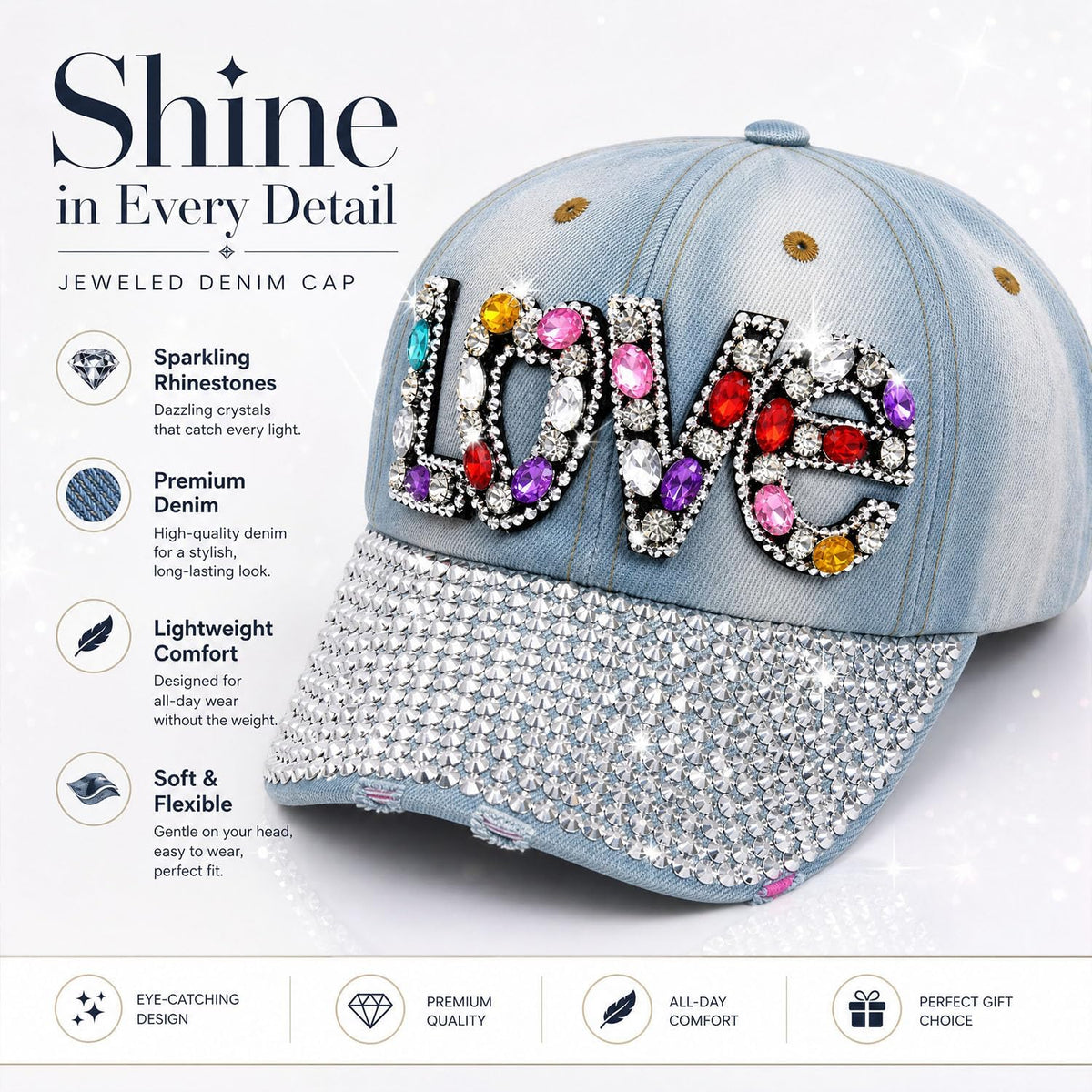 Gorra de béisbol brillante con diamantes de imitación, malla ajusta...