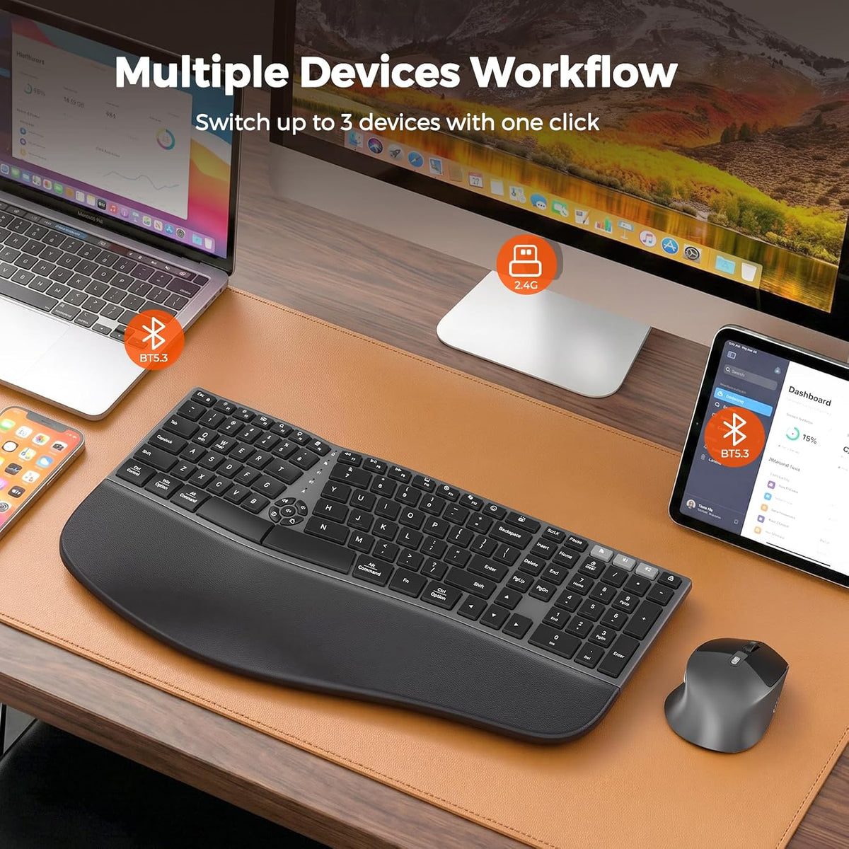 MEETION Teclado y mouse ergonómicos, teclado curvado dividido 2.4G...