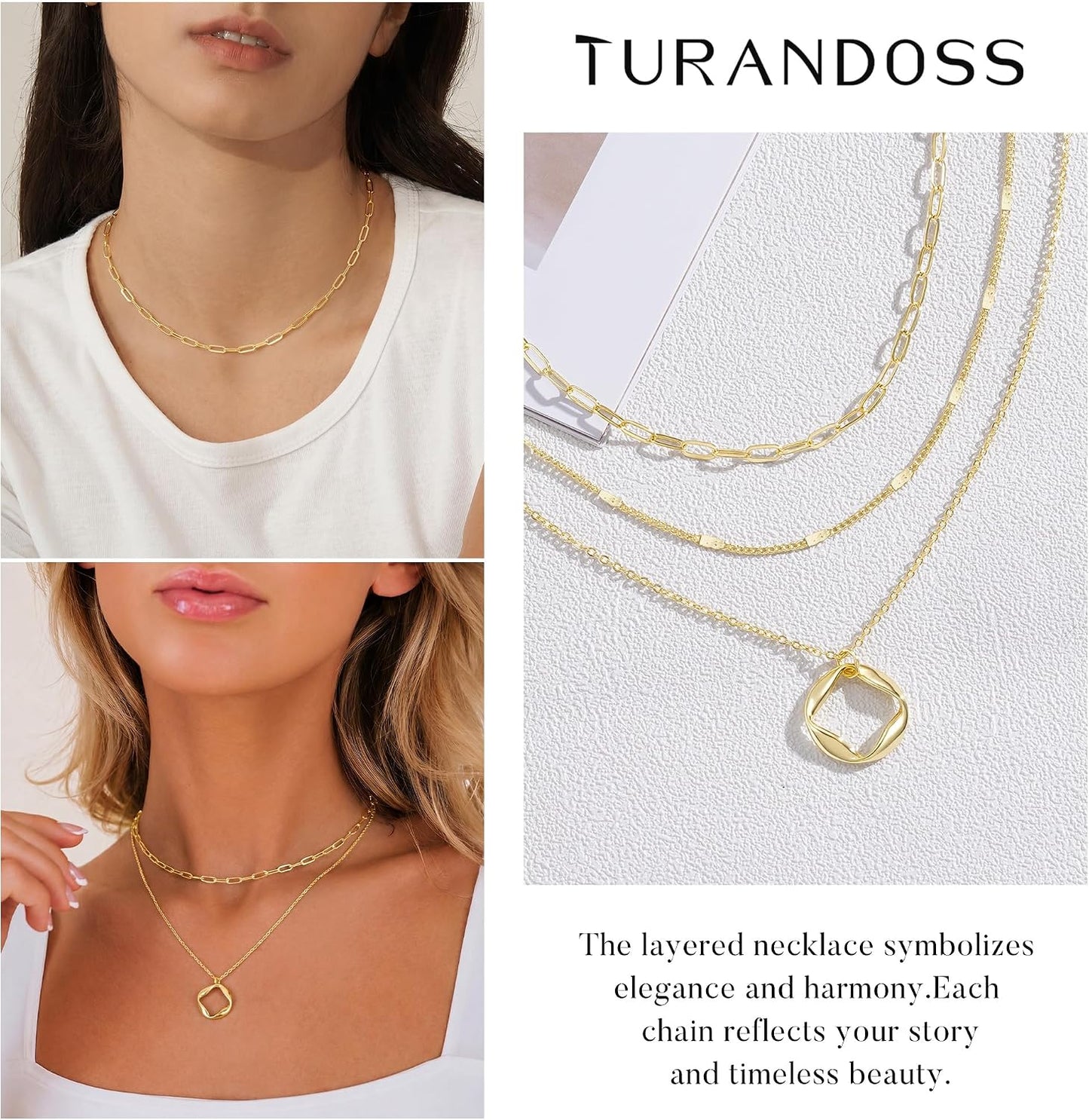 Turandoss Collares en capas para mujer, chapados en oro de 14 quila...