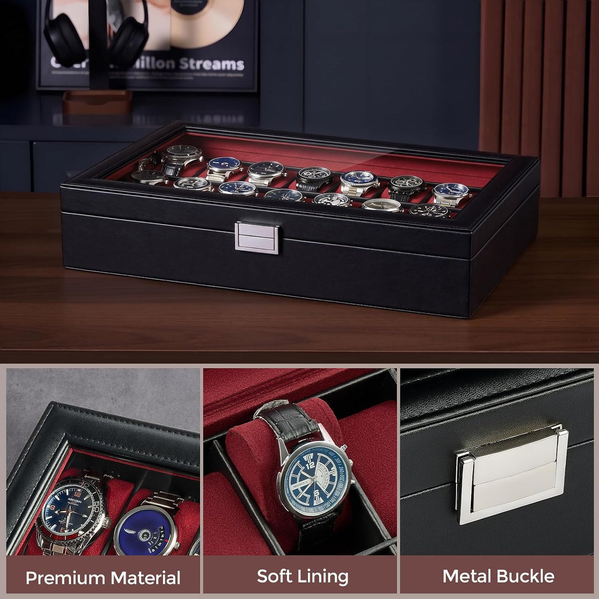 ProCase Caja de reloj para hombre, vitrina de 24 ranuras con tapa d...