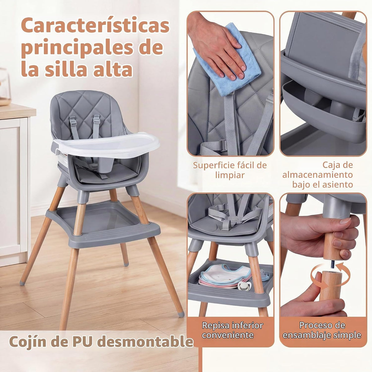 HONEY JOY Silla alta para bebé, silla alta de alimentación converti...