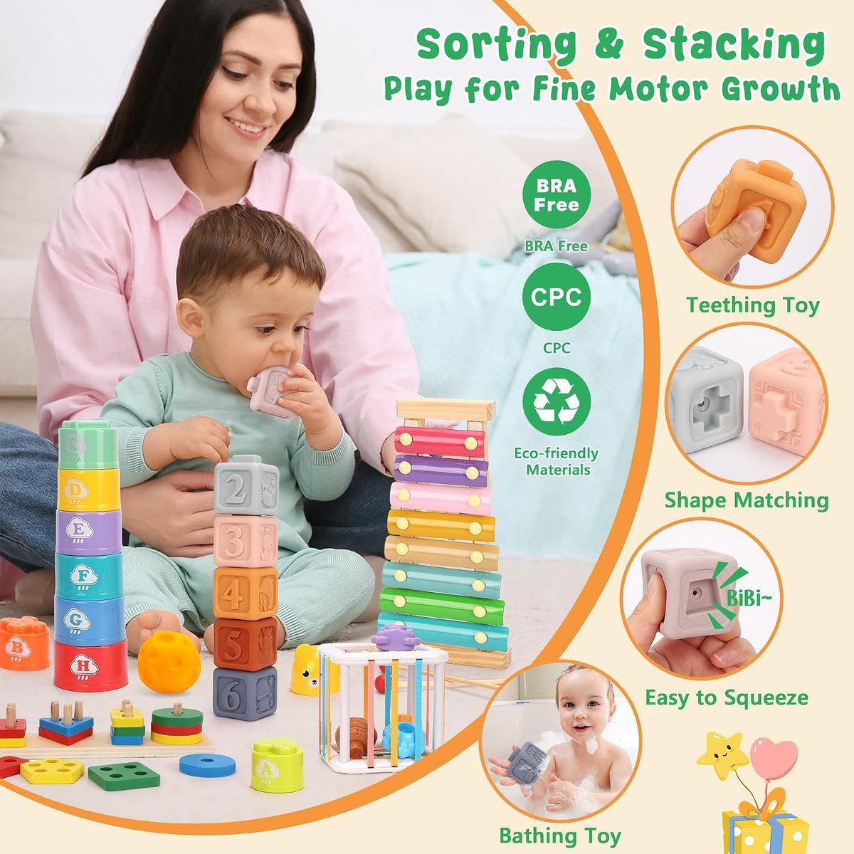 FlufiFiea Juguetes Montessori 6 en 1 para bebés de 6 a 12 a 18 mese...