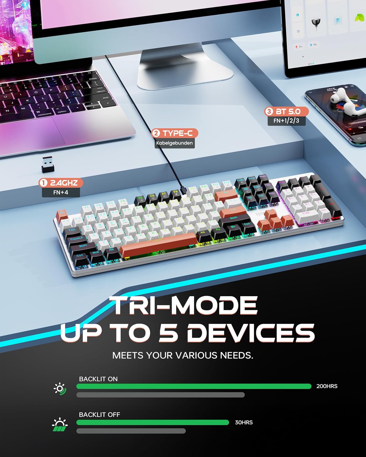 Redragon Teclado mecánico inalámbrico para juegos, triple modo BT\/...