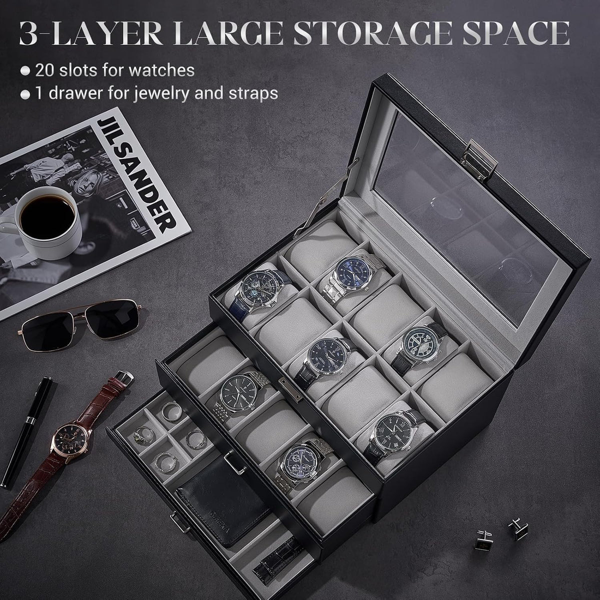 ProCase Caja de reloj con 20 ranuras para hombre, vitrina de reloj...