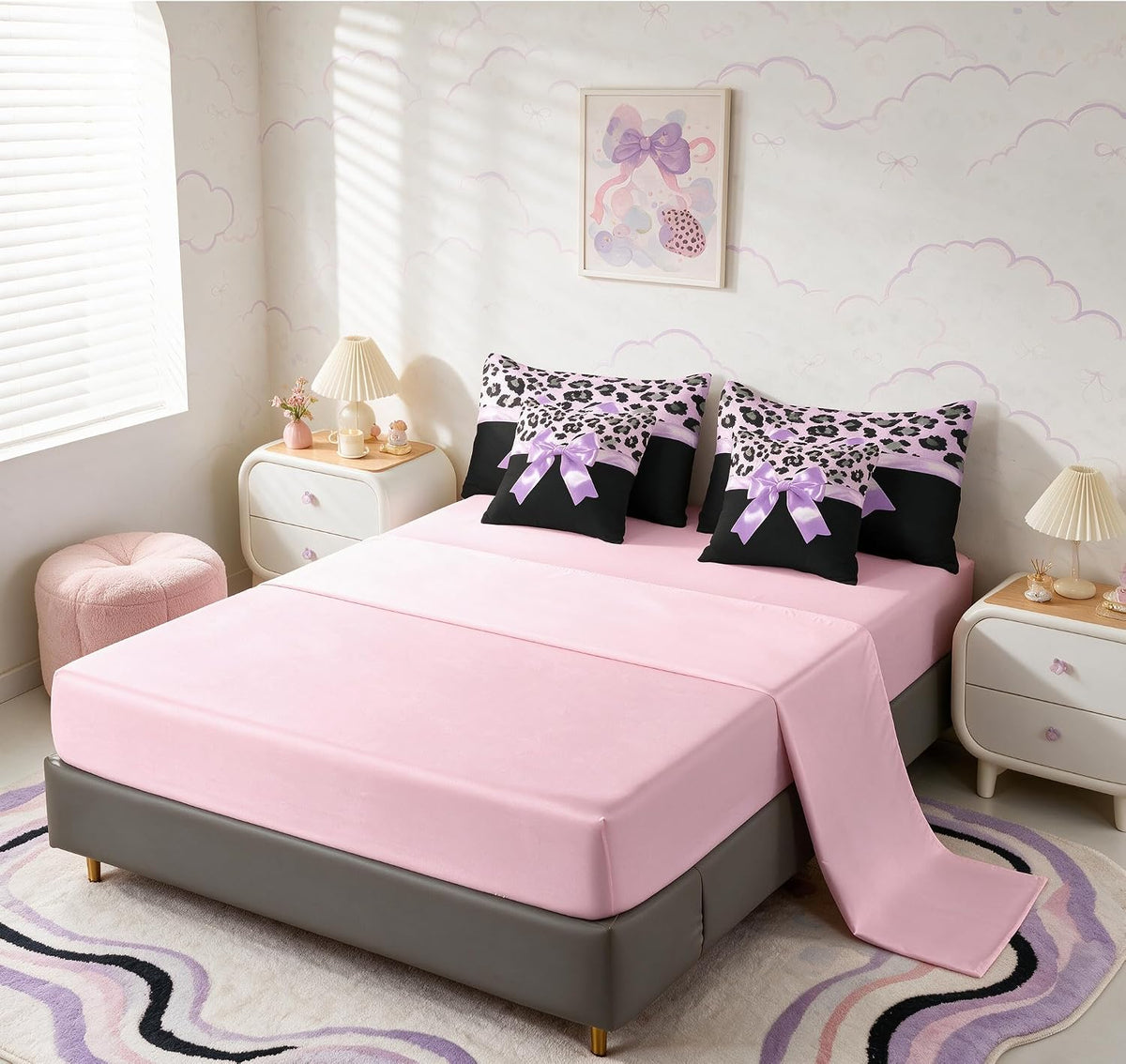 Feelyou Juego de ropa de cama de 7 piezas con lazo de seda morada t...