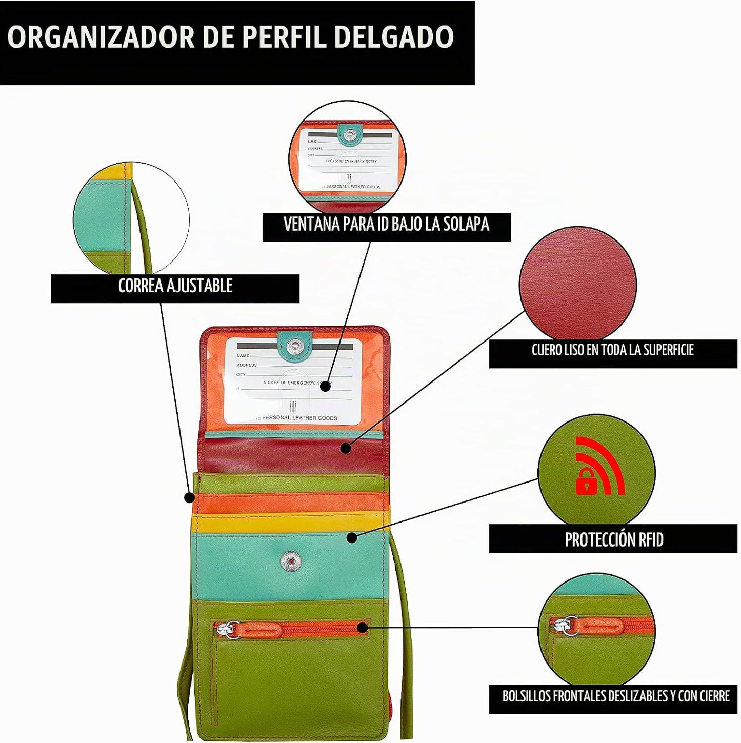 ili New York 6827 Organizador cruzado de cuero genuino con forro de...