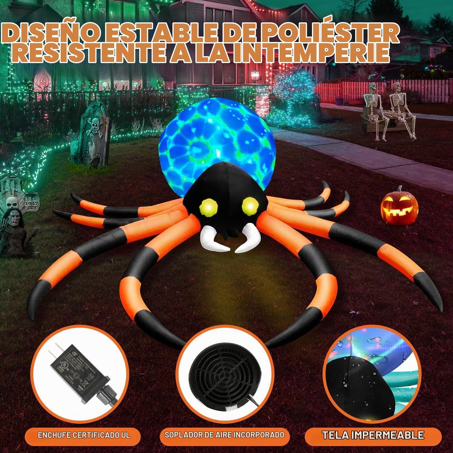 zukakii Araña inflable de Halloween de 12 pies con luces LED cambia...
