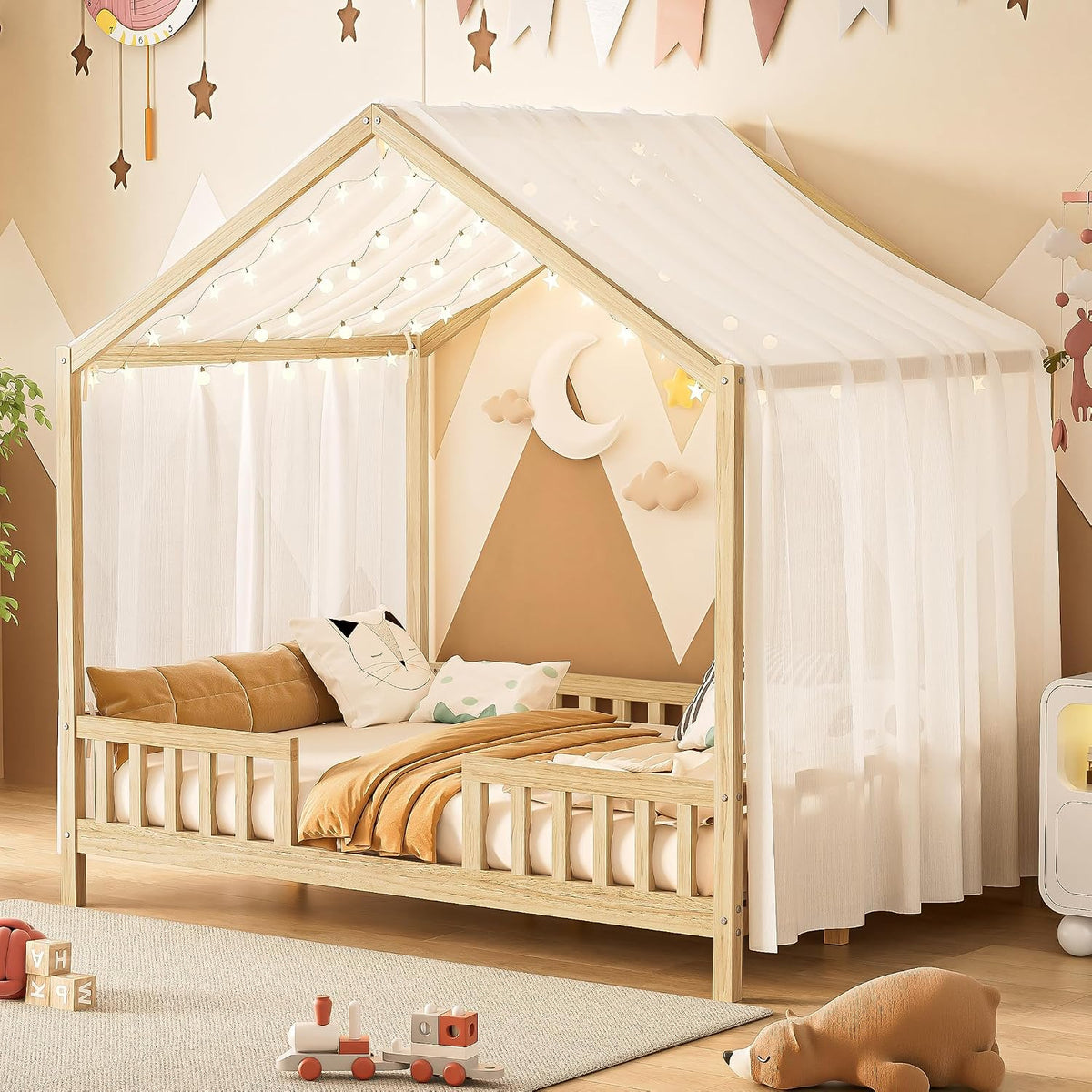 Bellemave Estructura de cama completa con toldo, cama Montessori, c...