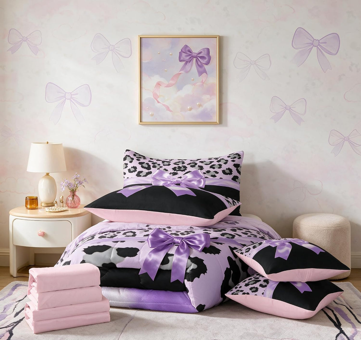 Feelyou Juego de ropa de cama de 7 piezas con lazo de seda morada t...