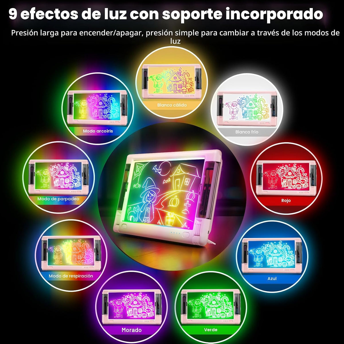 Tablero de dibujo LED recargable, 15 pulgadas, 9 modos de luz de co...