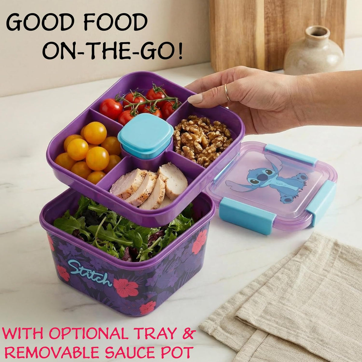 Disney Stitch - Contenedor de ensalada Bento para niños, lonchera p...