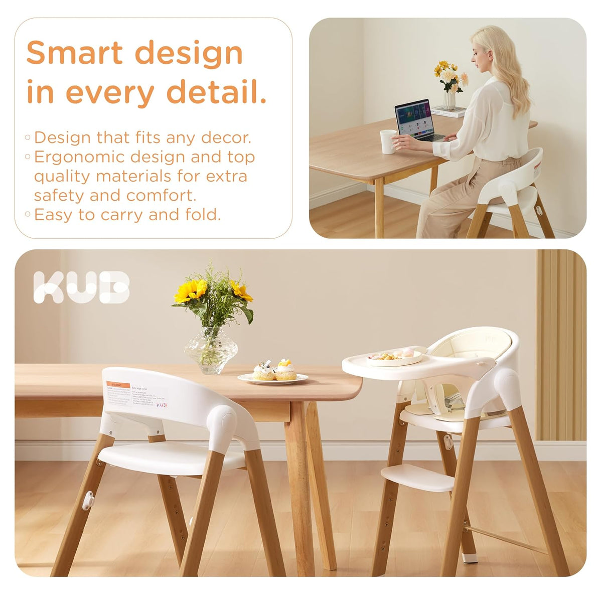 KUB Silla Alta para Bebés y Niños Ajustable Plegable Convertible co...