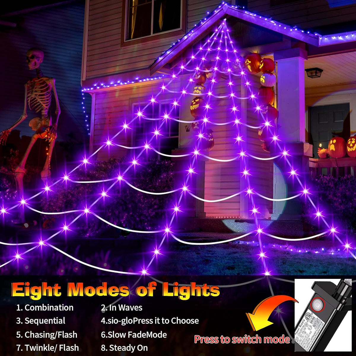 Decoraciones de Halloween al aire libre, 200 luces LED de telaraña...